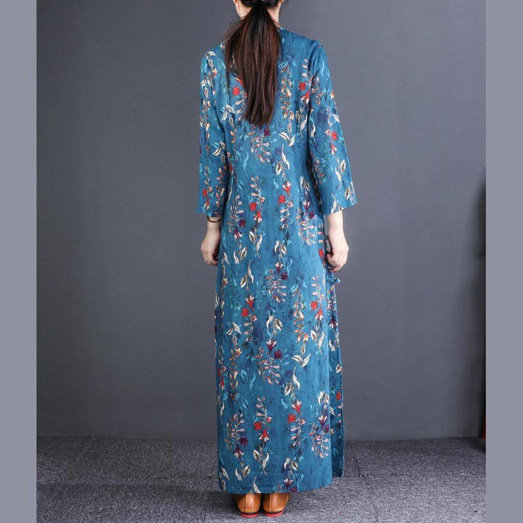 DIY slim linen clothes Omychic Catwalk blue print long Dresses - Omychic