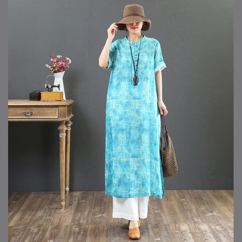 DIY stand collar Button Down linen clothes Women Online Shopping blue print Summer Dress - Omychic