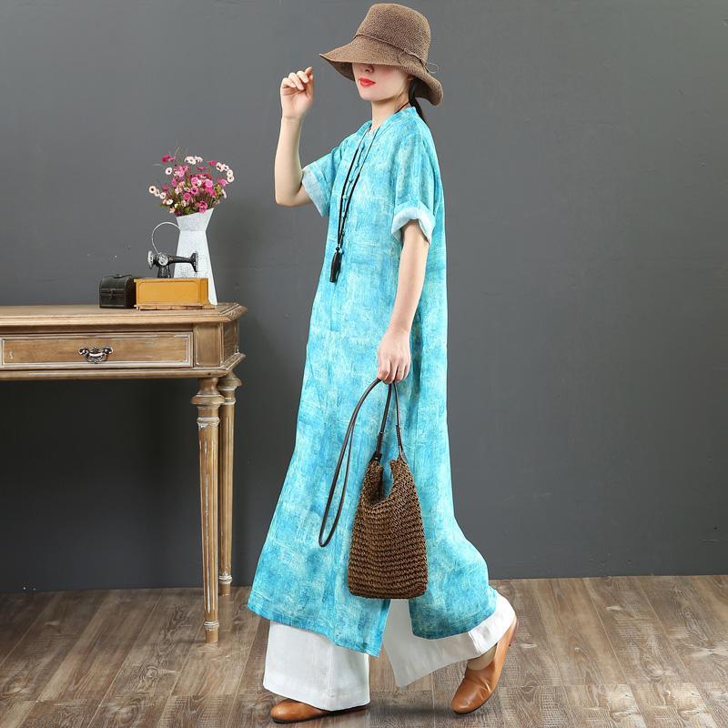 DIY stand collar Button Down linen clothes Women Online Shopping blue print Summer Dress - Omychic