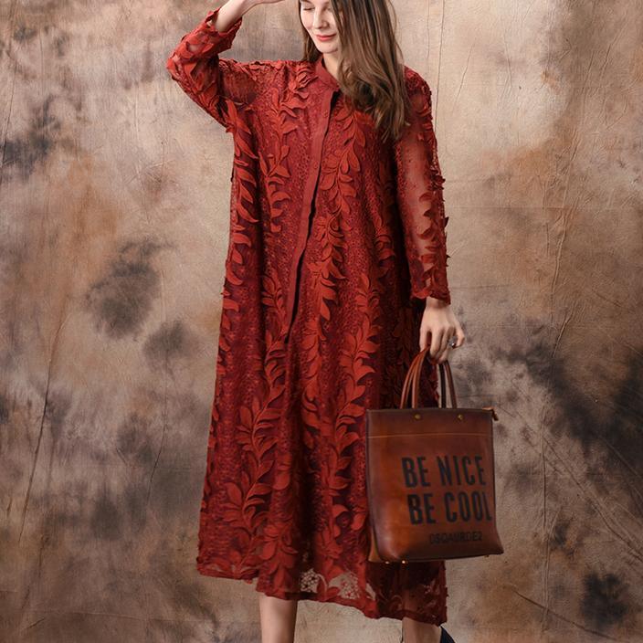 DIY stand collar Jacquard lace clothes Women Metropolitan Museum Shirts brown Traveling Dresses Summer - Omychic