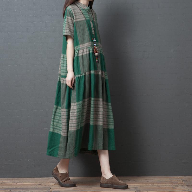 DIY stand collar cotton clothes Women Photography green plaid Robe Dress o neck summer - Omychic
