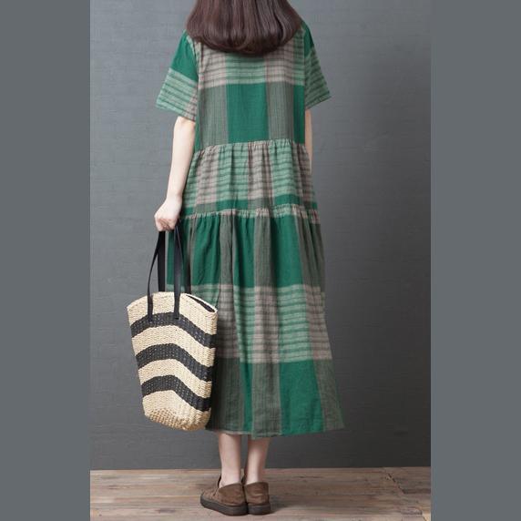 DIY stand collar cotton clothes Women Photography green plaid Robe Dress o neck summer - Omychic