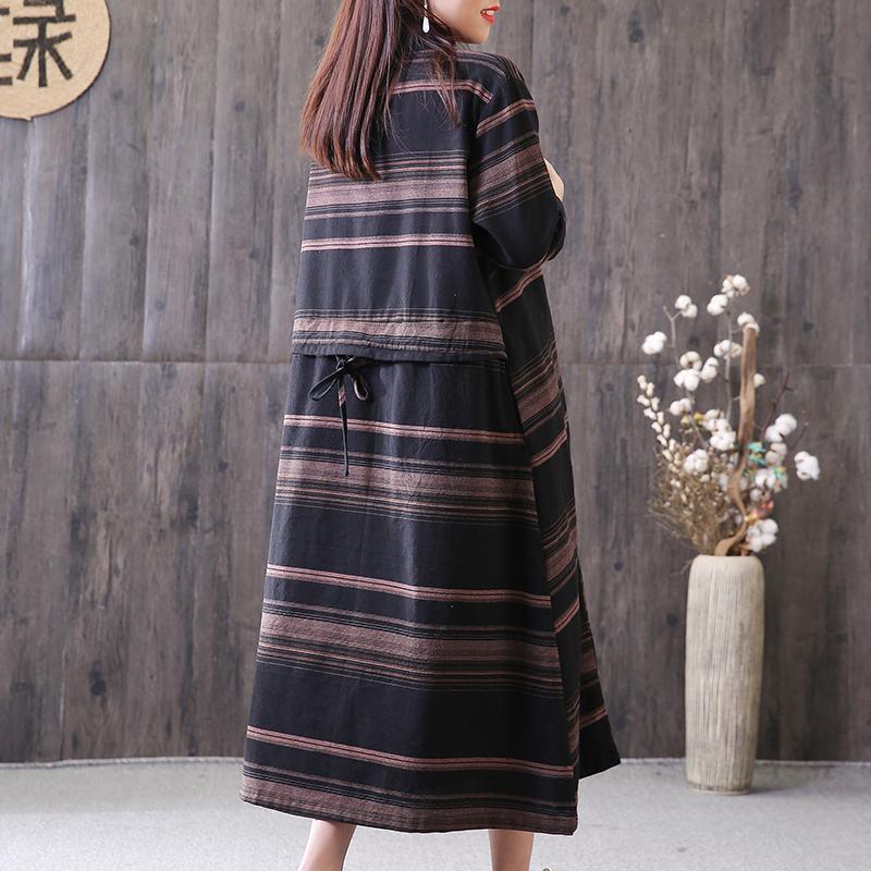 DIY stand collar drawstring tunic dress Outfits black striped Maxi Dress - Omychic