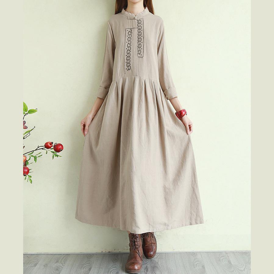 DIY stand collar embroidery linen clothes For Women Shape khaki Dress - Omychic