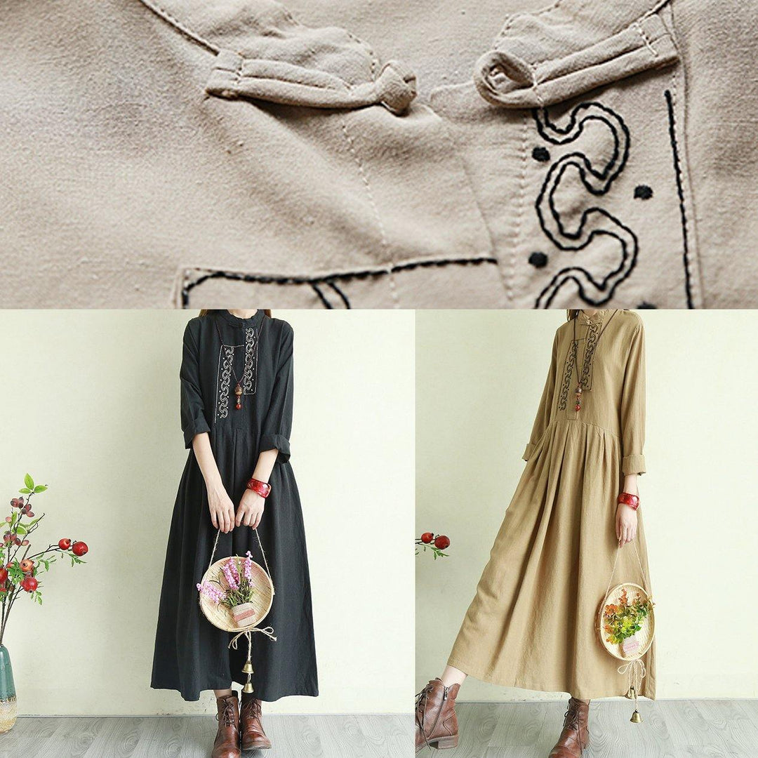 DIY stand collar embroidery linen clothes For Women Shape khaki Dress - Omychic