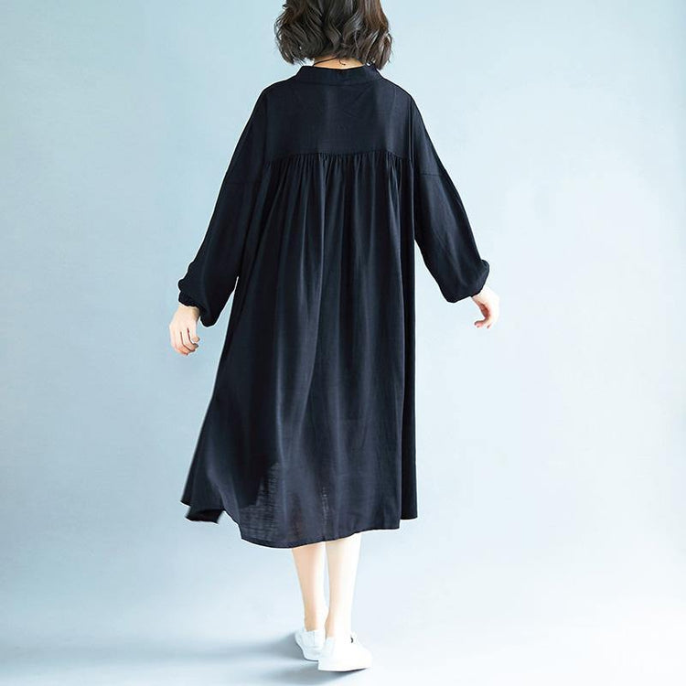DIY stand collar exra large hem linen dresses Indian Catwalk black Midi Dresses - Omychic
