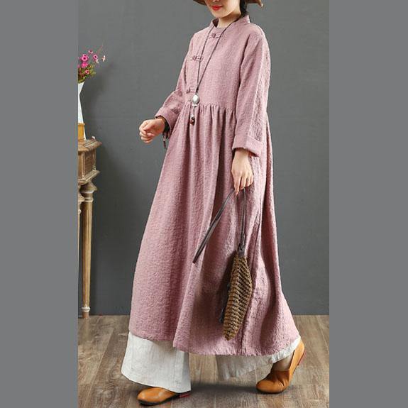 DIY stand collar linen Wardrobes pattern pink long sleeve Dresses fall - Omychic