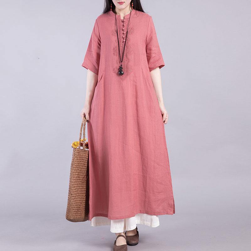 DIY stand collar linen clothes Outfits purple Dresses summer - Omychic