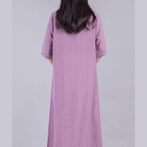 DIY stand collar linen clothes Outfits purple Dresses summer - Omychic