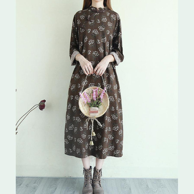 DIY stand collar linen floral clothes For Women Shirts chocolate Dress - Omychic