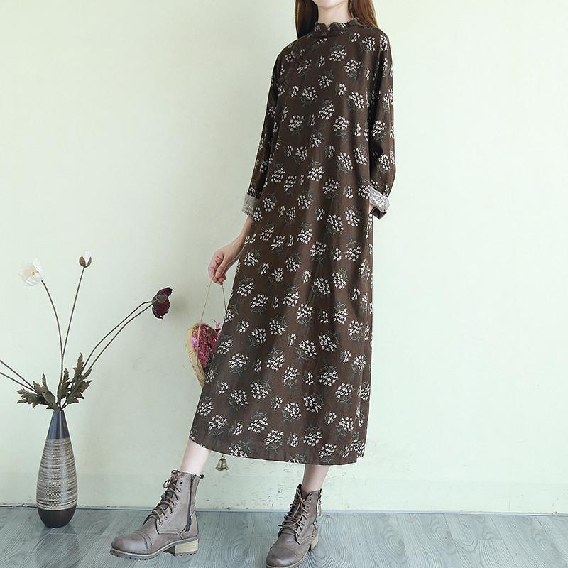 DIY stand collar linen floral clothes For Women Shirts chocolate Dress - Omychic