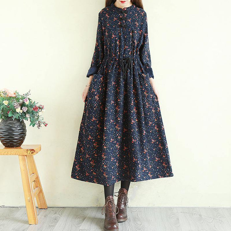 DIY stand collar patchwork linen cotton fall dresses Fashion Ideas navy print Dress - Omychic
