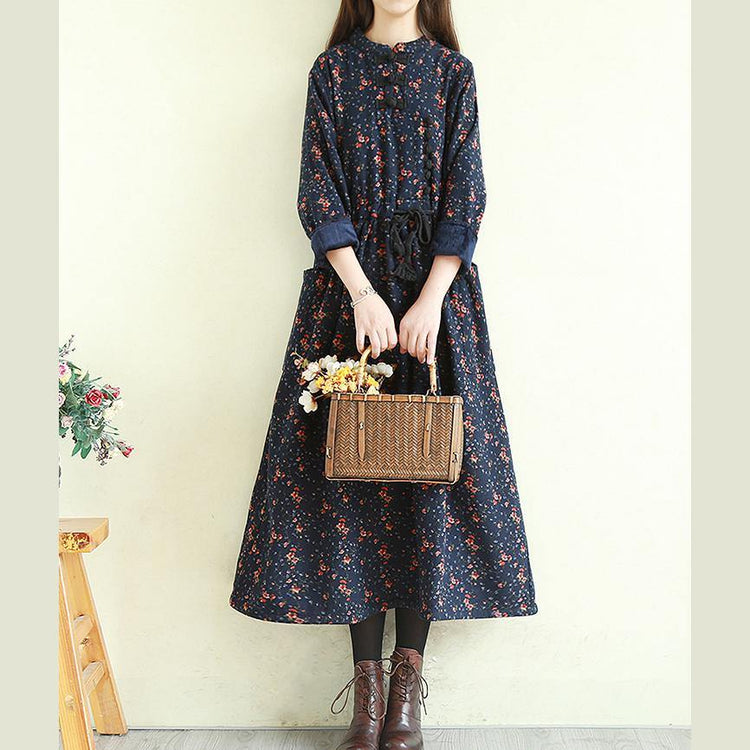 DIY stand collar patchwork linen cotton fall dresses Fashion Ideas navy print Dress - Omychic