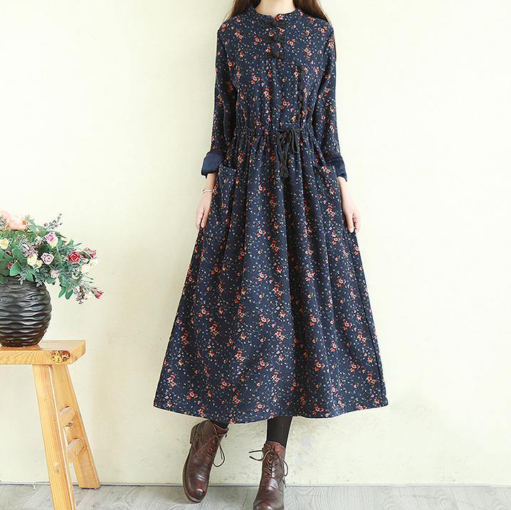 DIY stand collar patchwork linen cotton fall dresses Fashion Ideas navy print Dress - Omychic