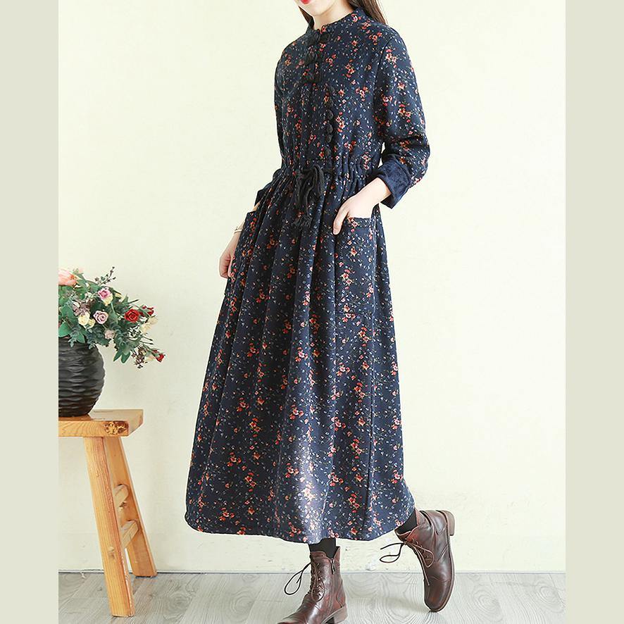 DIY stand collar patchwork linen cotton fall dresses Fashion Ideas navy print Dress - Omychic