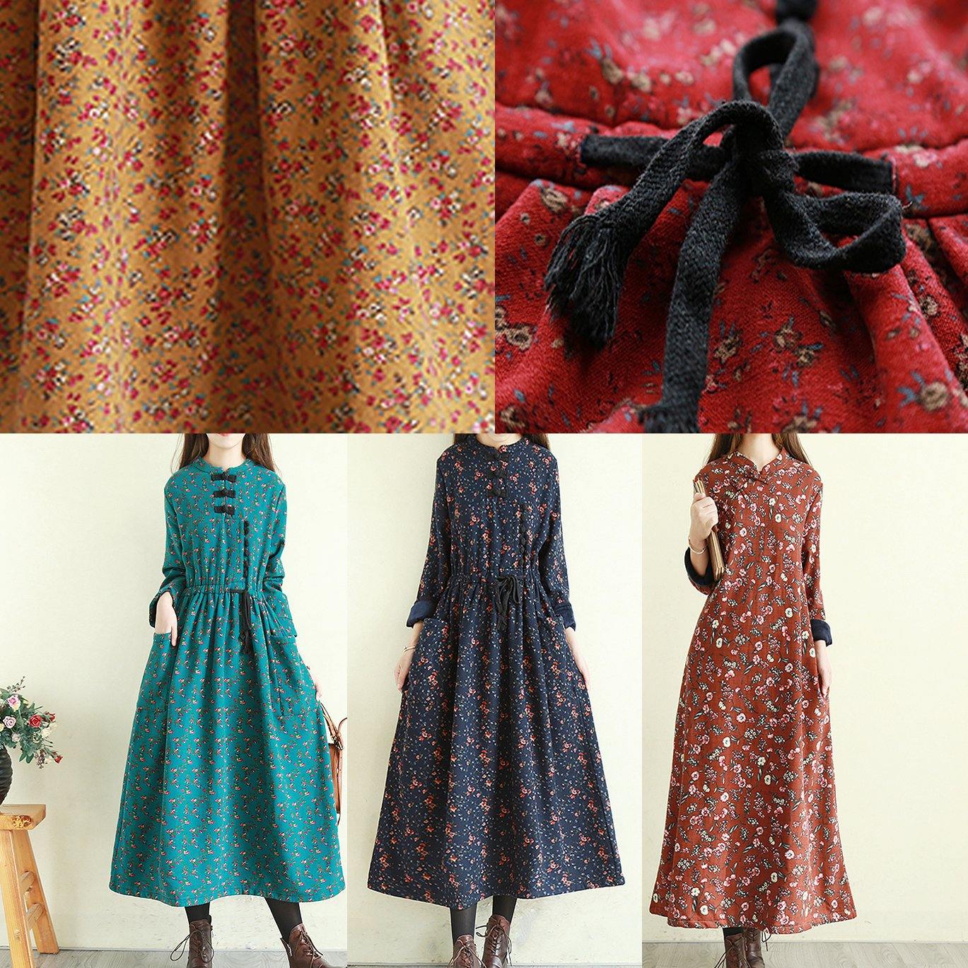 DIY stand collar patchwork linen cotton fall dresses Fashion Ideas navy print Dress - Omychic