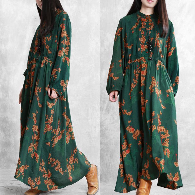 DIY stand collar wrinkled spring tunics for women green print Maxi Dresses - Omychic