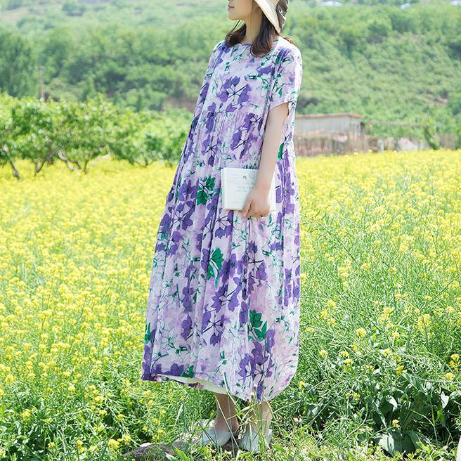 DIY tie waist linen Wardrobes Catwalk purple prints Dress summer - Omychic