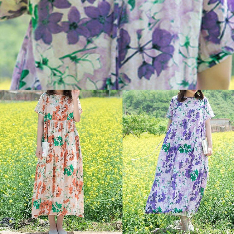 DIY tie waist linen Wardrobes Catwalk purple prints Dress summer - Omychic