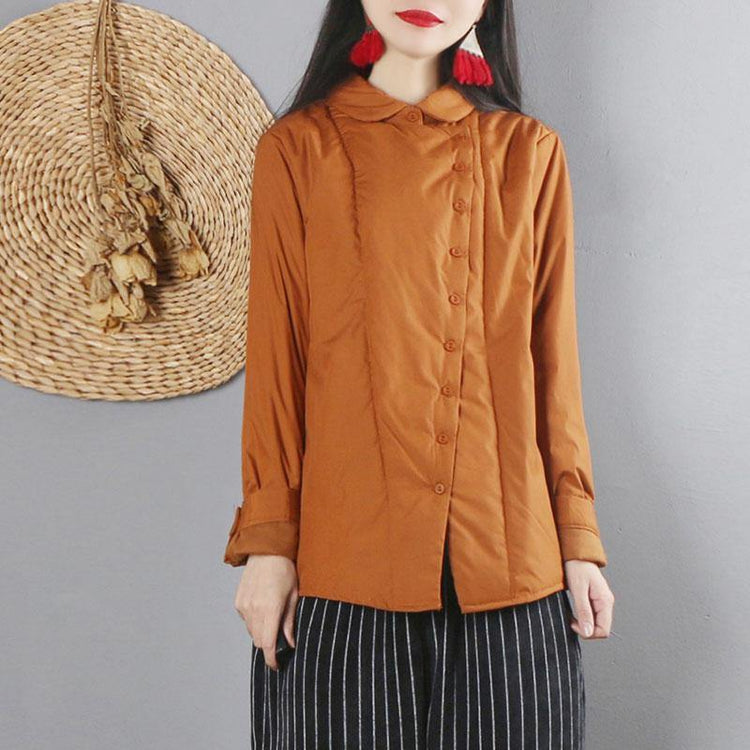 DIY turn-down collar thick Button Down for women brown daily blouses - Omychic