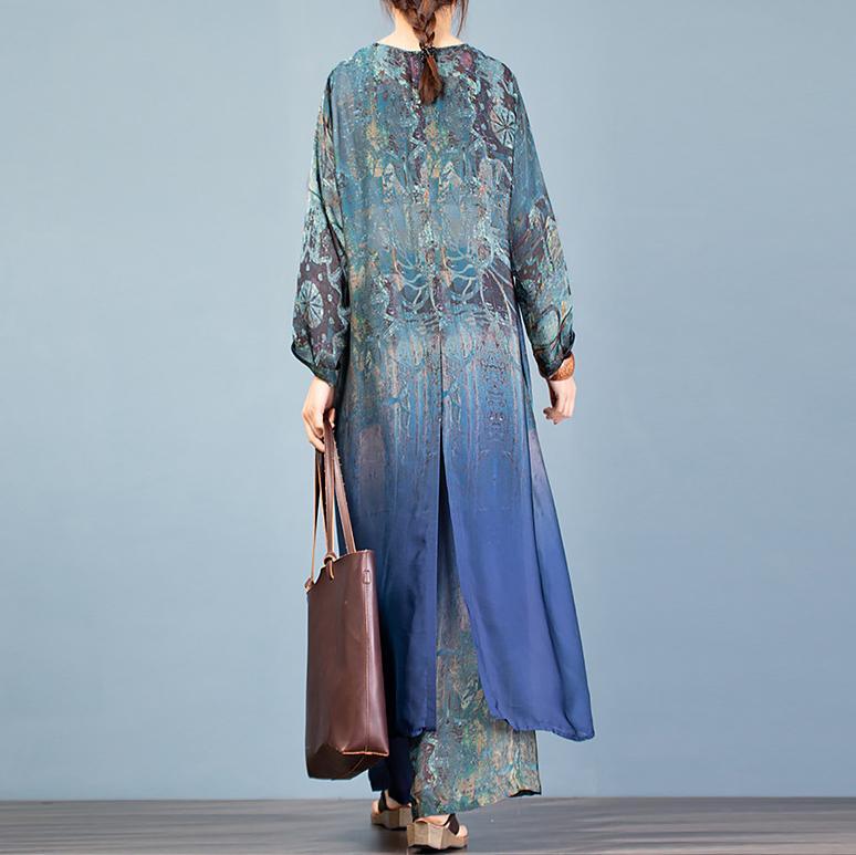 DIY v neck +wide leg pants quilting clothes Sleeve blue print Vestidos De Lino two pieces - Omychic
