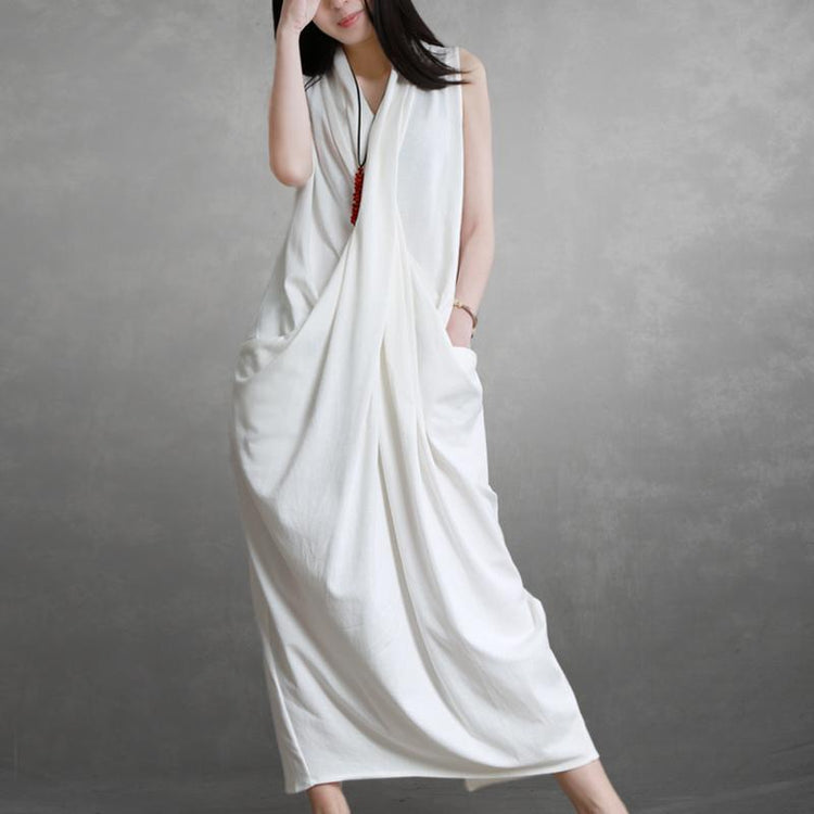 Diy V Neck Asymmetric Cotton Quilting Clothes Tunic White Dresses Summer - Omychic