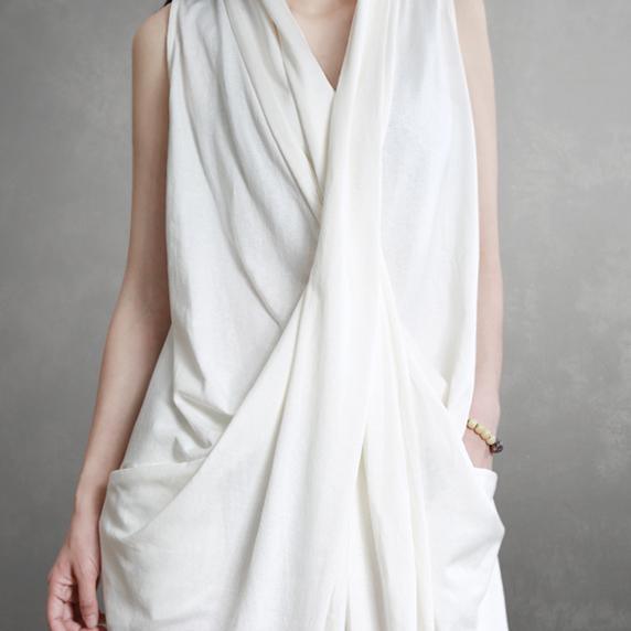 Diy V Neck Asymmetric Cotton Quilting Clothes Tunic White Dresses Summer - Omychic