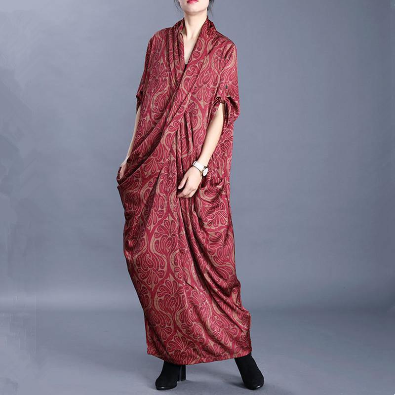 DIY v neck asymmetric dresses Runway red print Maxi Dresses - Omychic