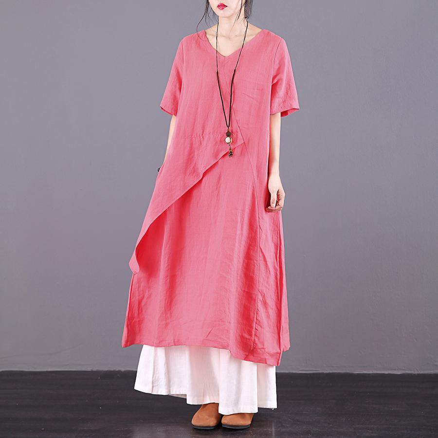 DIY v neck asymmetric linen Robes pattern pink Dresses summer - Omychic