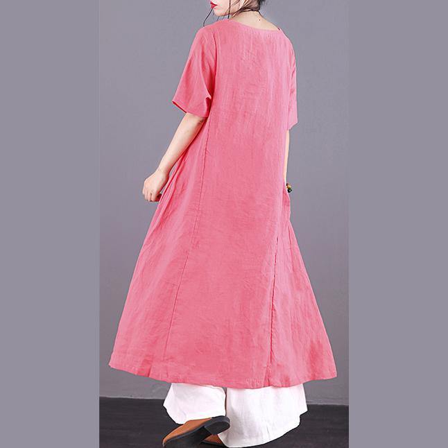 DIY v neck asymmetric linen Robes pattern pink Dresses summer - Omychic