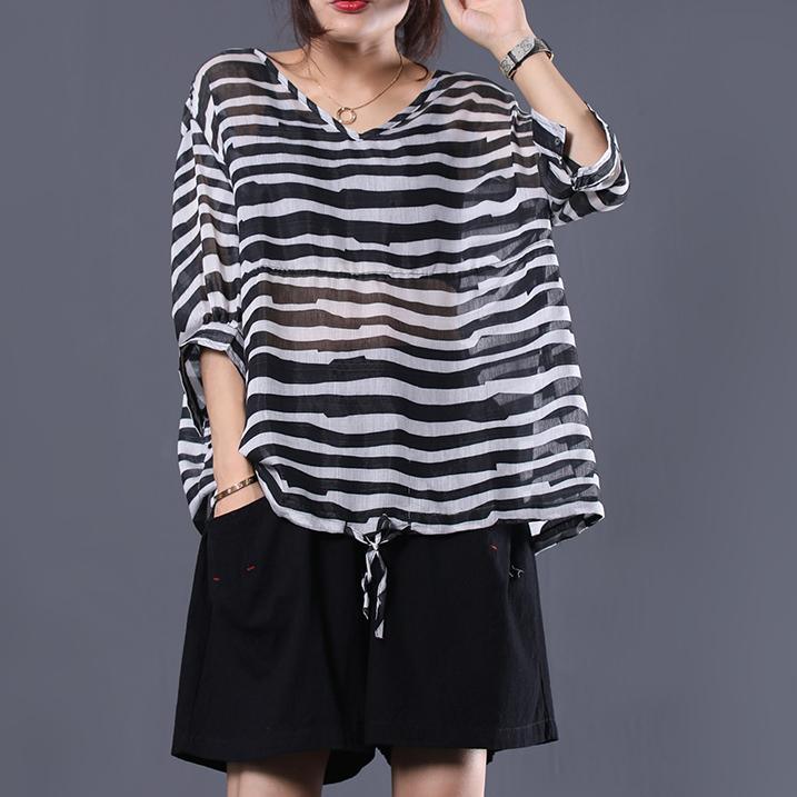 DIY v neck cotton top silhouette Shirts black striped tops summer - Omychic