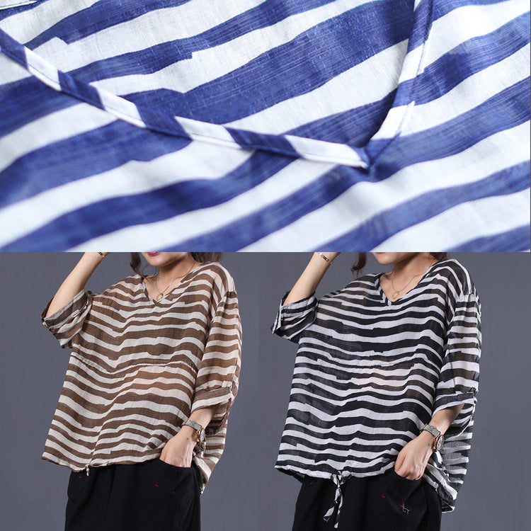DIY v neck cotton top silhouette Shirts black striped tops summer - Omychic