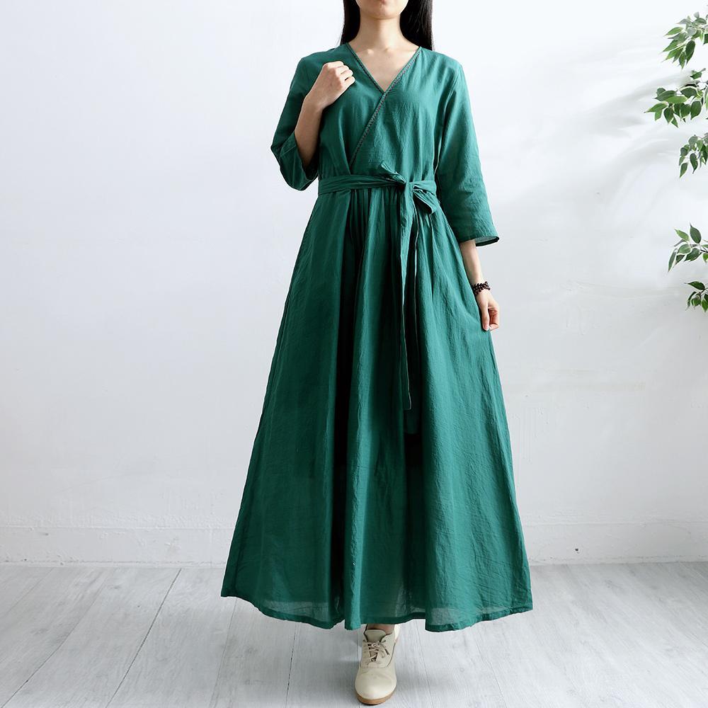 DIY v neck cotton tunic top Sewing green half sleeve long Dress - Omychic