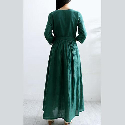 DIY v neck cotton tunic top Sewing green half sleeve long Dress - Omychic