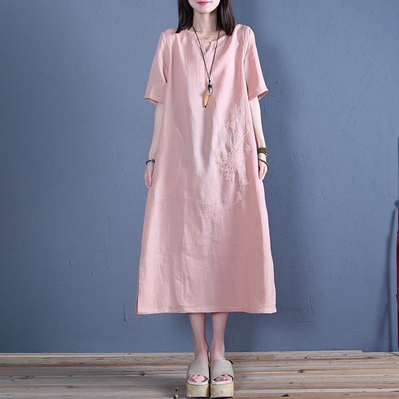 DIY v neck embroidery cotton linen clothes For Women design light orange Dress summer - Omychic