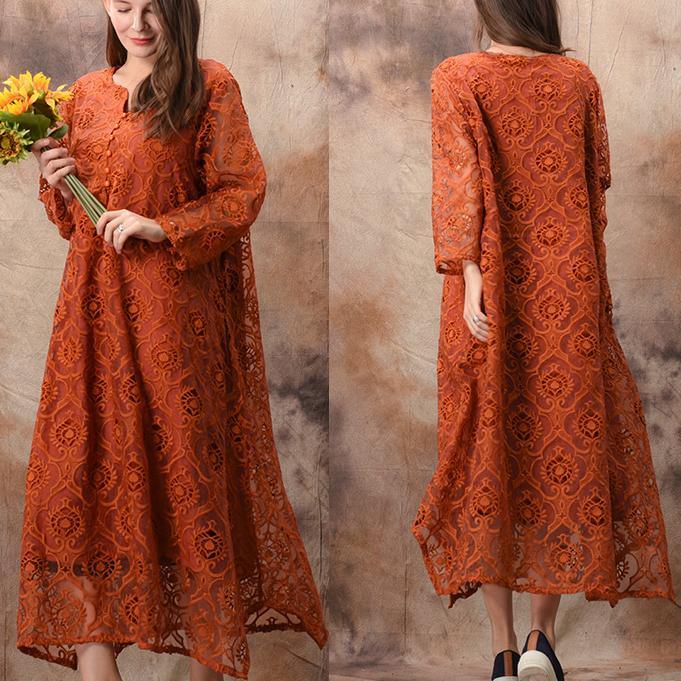 DIY v neck false two pieces lace Tunics 2019 Inspiration orange A Line Dress spring - Omychic