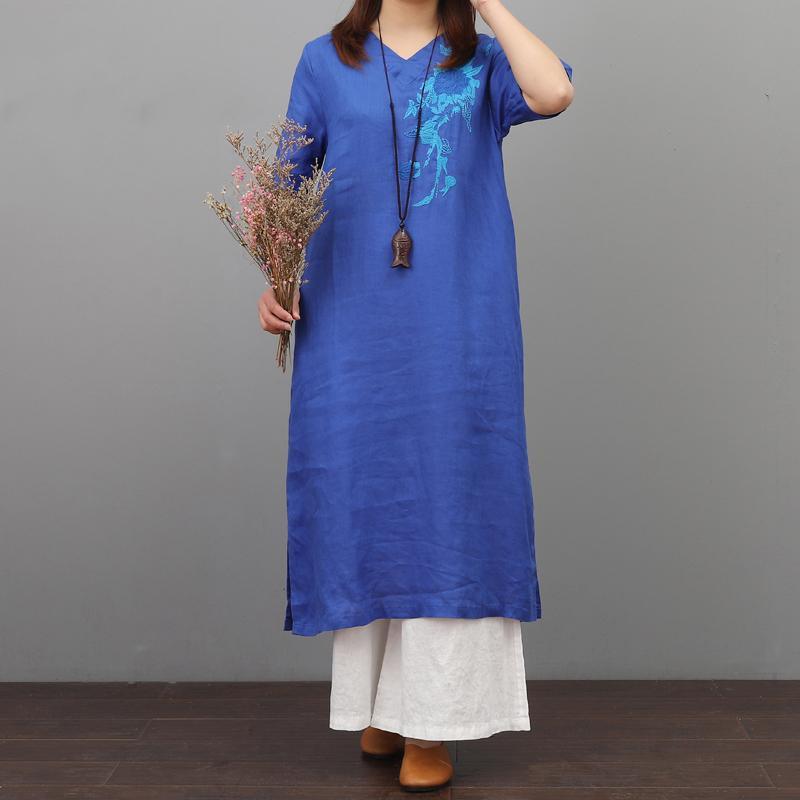 DIY v neck linen clothes For Women Inspiration blue Dress embroidery summer - Omychic