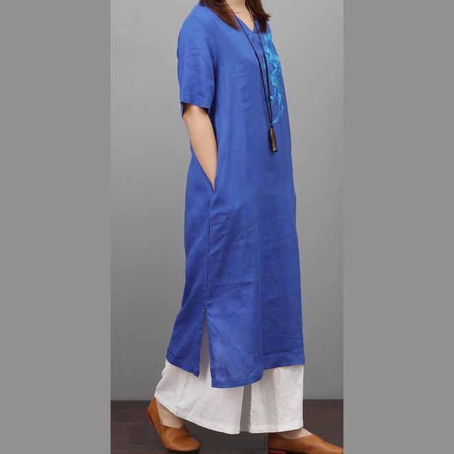 DIY v neck linen clothes For Women Inspiration blue Dress embroidery summer - Omychic