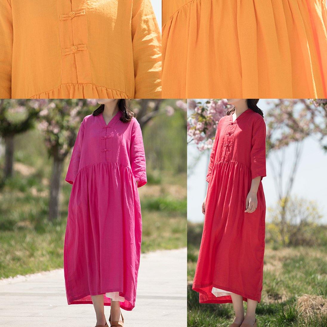 DIY v neck linen clothes Work yellow Dress summer - Omychic