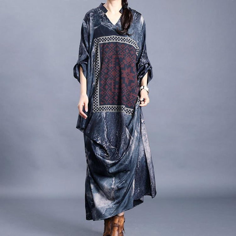 DIY v neck patchwork quilting dresses Inspiration dark gray print Maxi Dress - Omychic
