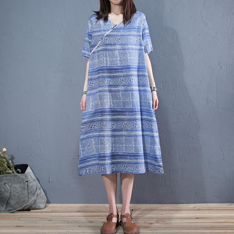 DIY v neck pockets linen Robes blue striped Dress summer - Omychic