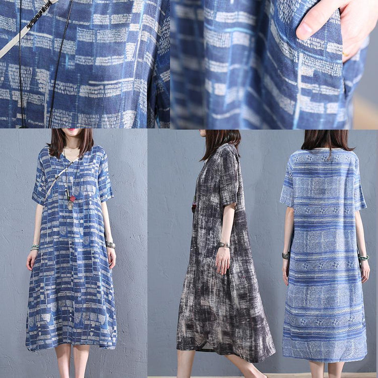 DIY v neck pockets linen Robes blue striped Dress summer - Omychic