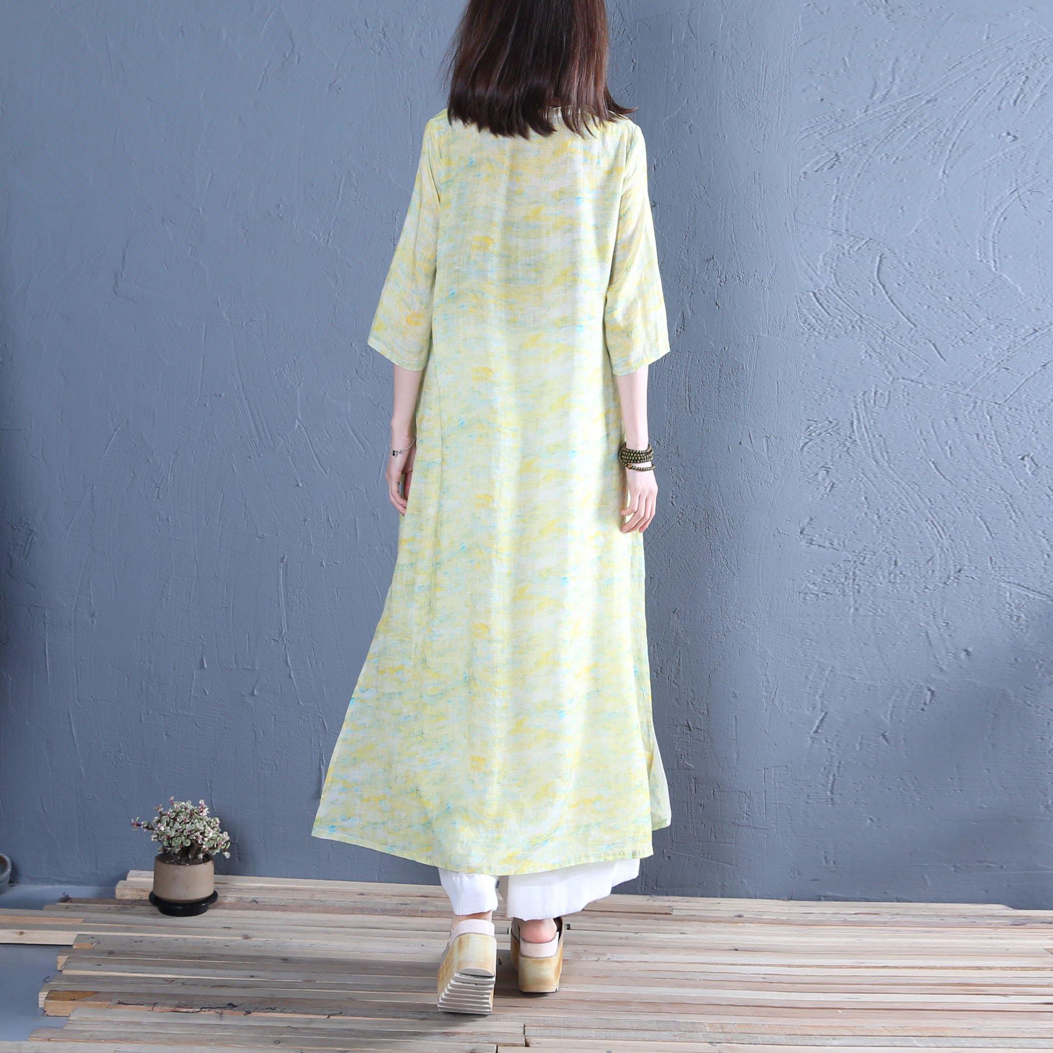 DIY v neck side open cotton Tunics Fabrics green print Plus Size Dress summer - Omychic