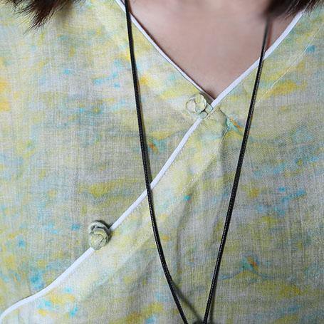 DIY v neck side open cotton Tunics Fabrics green print Plus Size Dress summer - Omychic