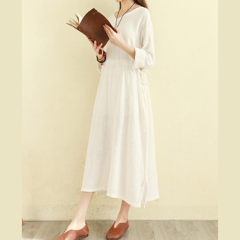DIY v neck tie waist cotton linen clothes For Women Vintage Fashion Ideas white Traveling Dress - Omychic