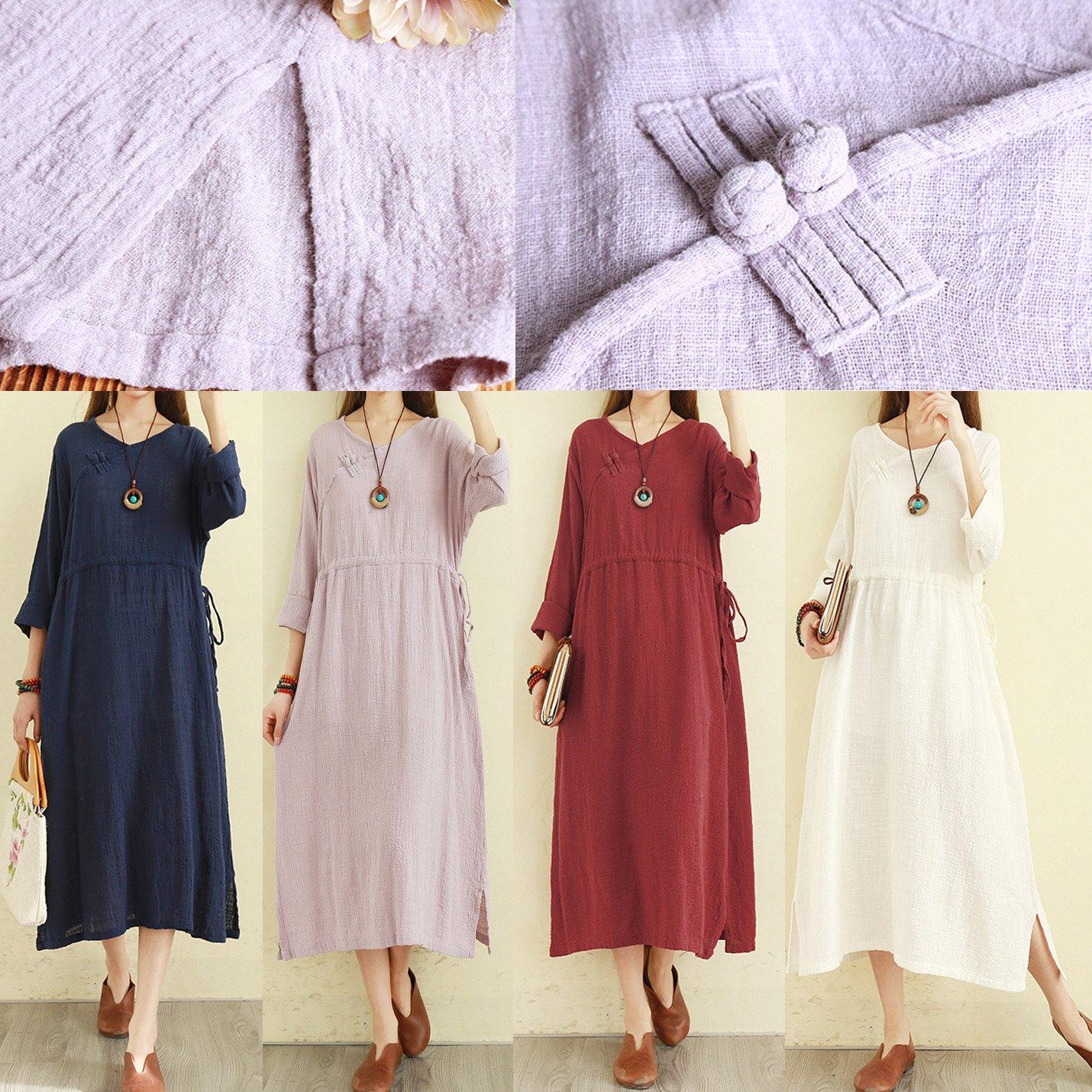 DIY v neck tie waist cotton linen clothes For Women Vintage Fashion Ideas white Traveling Dress - Omychic