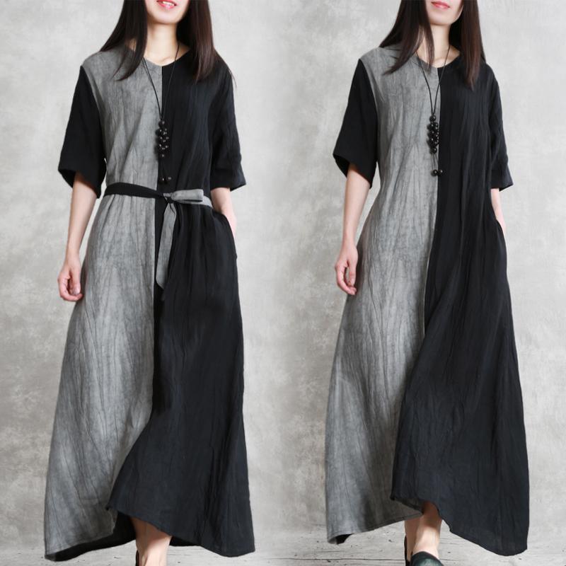 DIY v neck tie waist linen Robes Runway black bagy Dress summer - Omychic