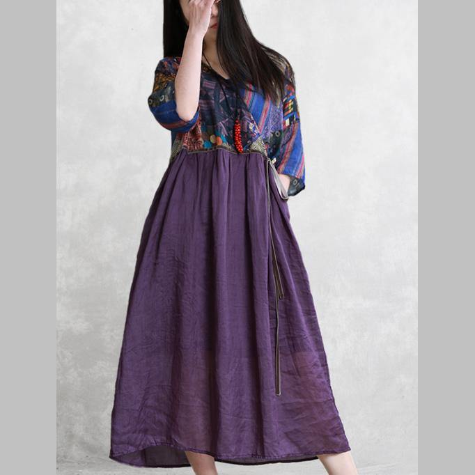 DIY v neck tie waist linen clothes purple print Dresses summer - Omychic
