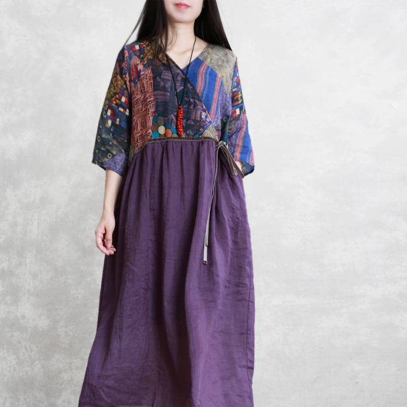 DIY v neck tie waist linen clothes purple print Dresses summer - Omychic
