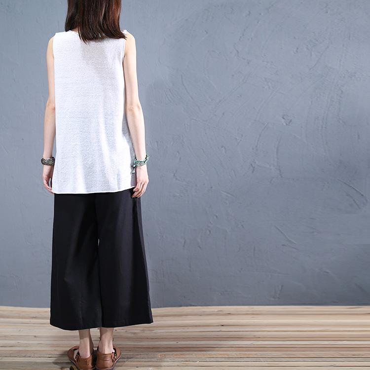 DIY white prints linen top silhouette sleeveless daily summer v neck blouses - Omychic